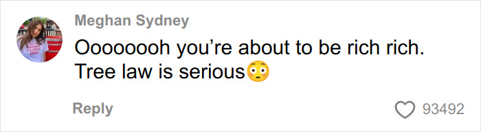 Social media comment by a woman emphasizing that tree law is serious, with an astonished emoji and a high number of likes. Social media comment by a woman emphasizing that tree law is serious, with an astonished emoji and a high number of likes.