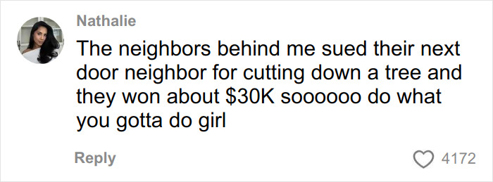 Social media comment about neighbors suing over tree cutting, highlighting conflict in tree law and property disputes. Social media comment about neighbors suing over tree cutting, highlighting conflict in tree law and property disputes.