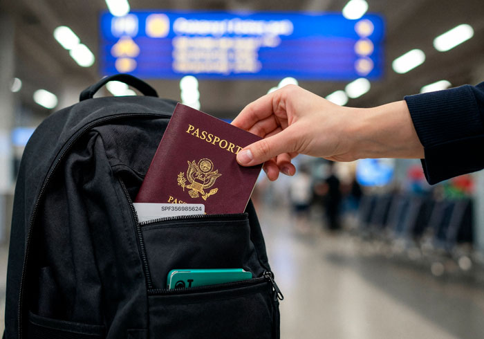 Hand placing a passport into a black backpack in a busy airport, symbolizing delayed karma in a toxic family situation.