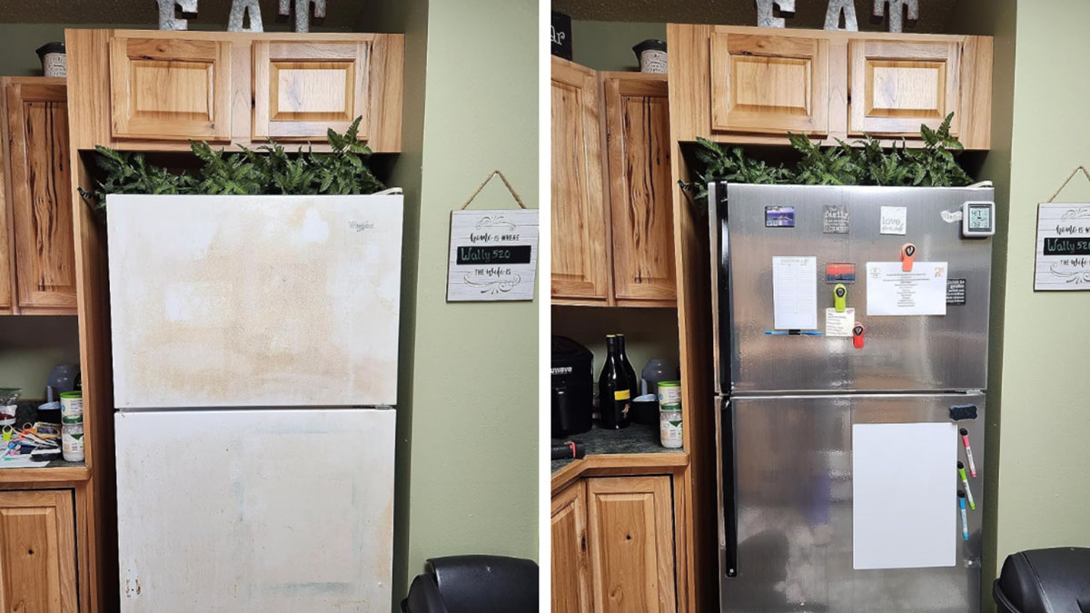 Before and after images of hiding ugly stains on a refrigerator to improve home appearance and organization.