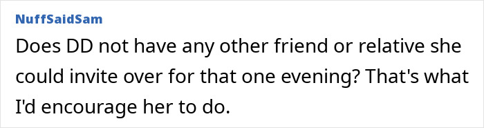 Comment text on a forum with user NuffSaidSam asking about inviting friends or relatives instead of cancelling theatre plans.