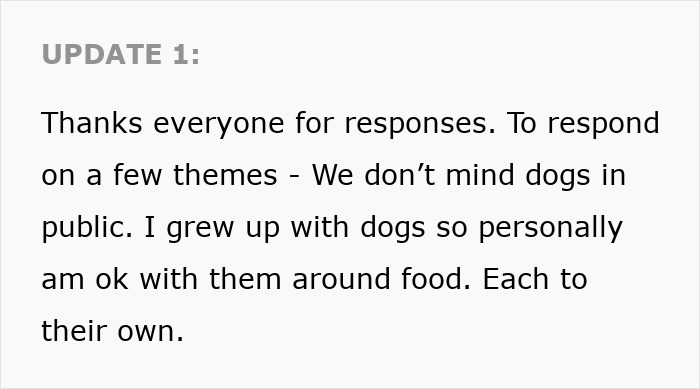 Update text about dogs in public and personal comfort with them around food, related to negligent owners and dog bites. Update text about dogs in public and personal comfort with them around food, related to negligent owners and dog bites.