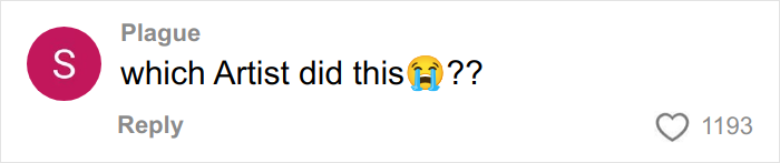 Comment on social media asking which artist created the tattoo, expressing surprise with an emoji and many likes.