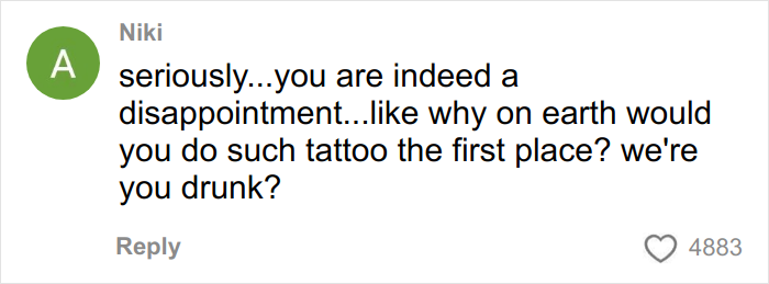 Comment criticizing a woman with a prominent face tattoo, questioning her decision and mental health advocacy.