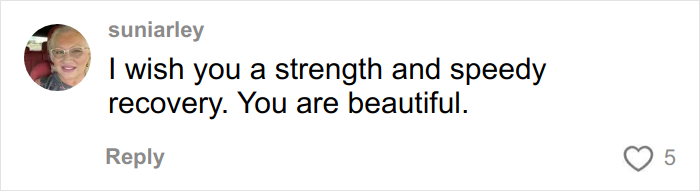 Comment from user suniarley wishing strength and speedy recovery, supporting a woman mental health advocate with a face tattoo.