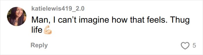Social media comment showing support with phrase "Thug life" and a flexed bicep emoji on a woman’s mental health advocacy post.
