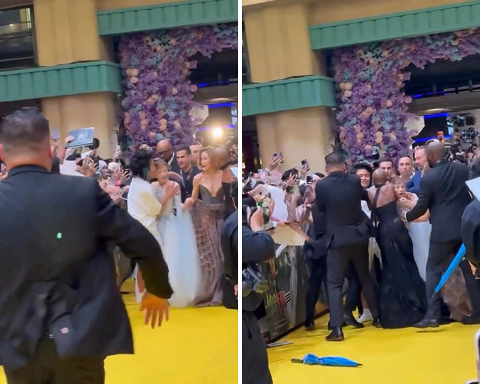 Fan who attacked Ariana Grande at premiere confronts crowd as security intervenes on yellow carpet event. Fan who attacked Ariana Grande at premiere confronts crowd as security intervenes on yellow carpet event.