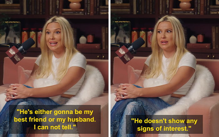 Millie Bobby Brown speaking about her dating story with Jake Bongiovi during a podcast interview in a cozy setting. Millie Bobby Brown speaking about her dating story with Jake Bongiovi during a podcast interview in a cozy setting.