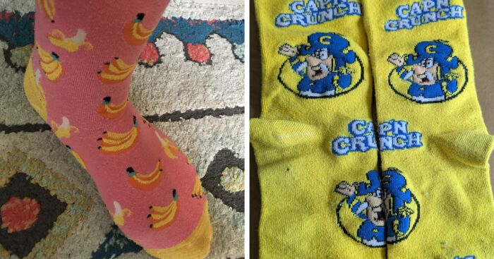 Colorful socks featuring bananas on pink and Cap'n Crunch cartoon character on yellow background displayed side by side.