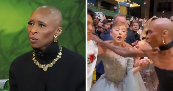 Cynthia Erivo speaking about protecting Ariana Grande from fan attack at Wicked premiere, wearing black with gold necklace.