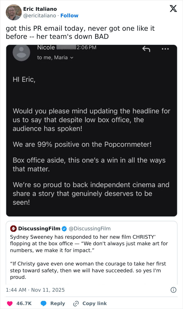 Leaked PR email showing Sydney Sweeney's reps managing damage control after Christy flops at box office. Leaked PR email showing Sydney Sweeney's reps managing damage control after Christy flops at box office.