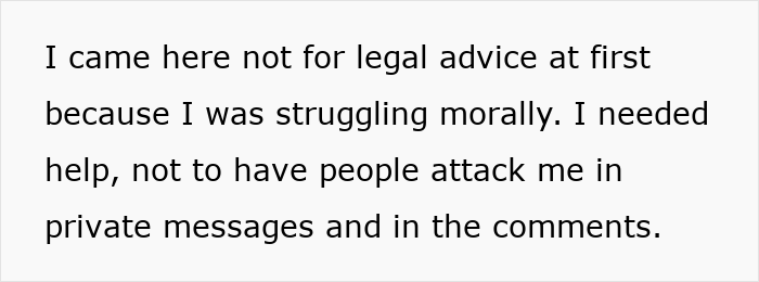 Text on a plain white background discussing someone seeking help for moral struggle and facing attacks in private messages and comments.