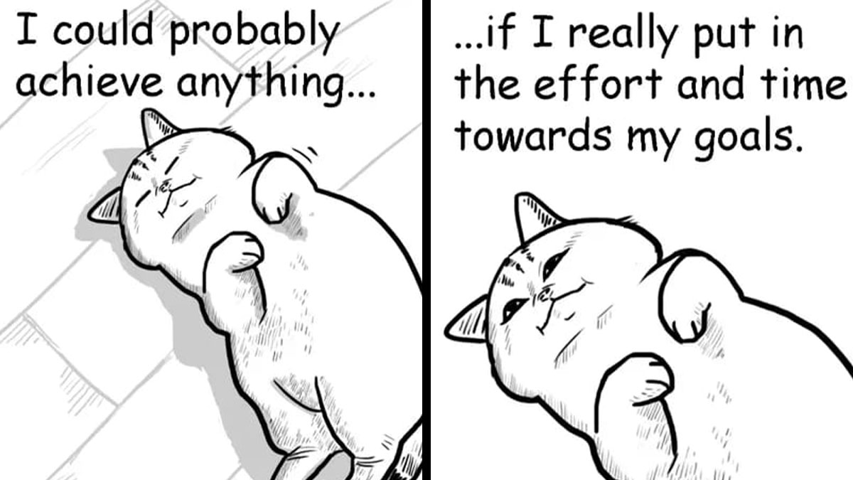 Comic panels featuring a dramatic and honest cat lying down, reflecting on effort and achieving goals in a humorous way.