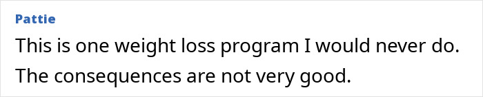 Comment text discussing a weight loss program with negative consequences, related to a fitness coach story. Comment text discussing a weight loss program with negative consequences, related to a fitness coach story.