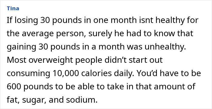 Comment from Tina discussing unhealthy weight gain and excessive calorie intake related to fitness coach binge-eating challenge. Comment from Tina discussing unhealthy weight gain and excessive calorie intake related to fitness coach binge-eating challenge.
