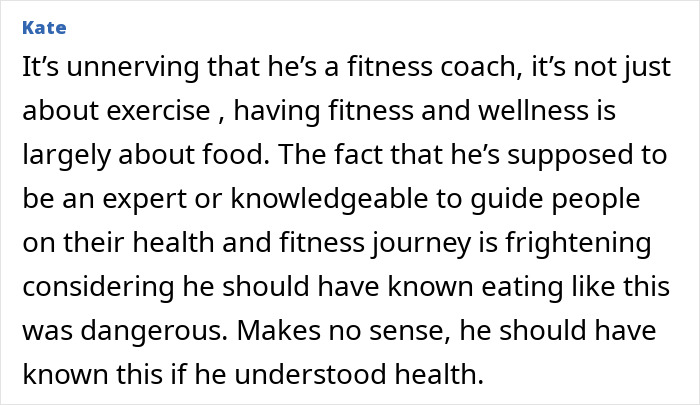 Comment by Kate about a fitness coach discussing dangers of binge-eating and importance of health knowledge in wellness. Comment by Kate about a fitness coach discussing dangers of binge-eating and importance of health knowledge in wellness.