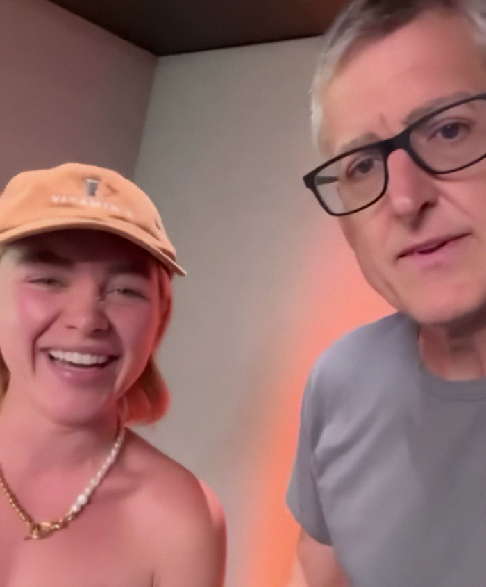 Florence Pugh and Zach Braff smiling together in a casual setting discussing their age gap and public reactions. Florence Pugh and Zach Braff smiling together in a casual setting discussing their age gap and public reactions.