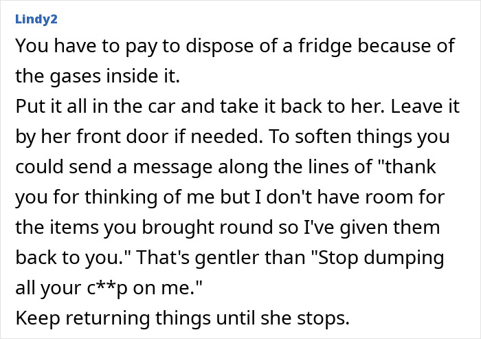 Comment suggesting returning broken gifts to stop lady from gifting unwanted items, reflecting the green gifting disagreement. Comment suggesting returning broken gifts to stop lady from gifting unwanted items, reflecting the green gifting disagreement.