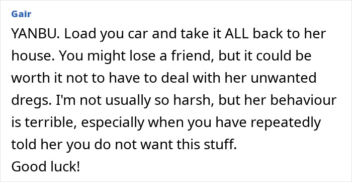 Screenshot of online comment about gifting broken stuff, discussing friendship and unwanted green gifts, highlighting disagreement and advice. Screenshot of online comment about gifting broken stuff, discussing friendship and unwanted green gifts, highlighting disagreement and advice.