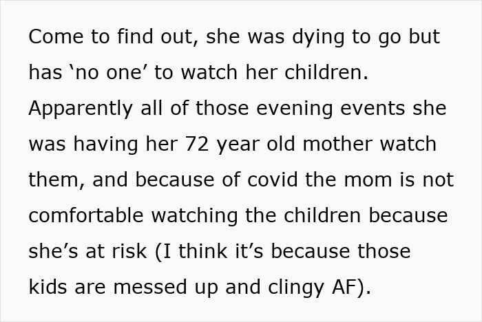 Text discussing a friend unable to bring clingy children on vacation due to lack of childcare and COVID-19 concerns. Text discussing a friend unable to bring clingy children on vacation due to lack of childcare and COVID-19 concerns.