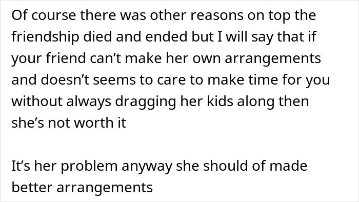 Text excerpt discussing a friend who doesn’t understand why she can’t bring her clingy children on vacation. Text excerpt discussing a friend who doesn’t understand why she can’t bring her clingy children on vacation.
