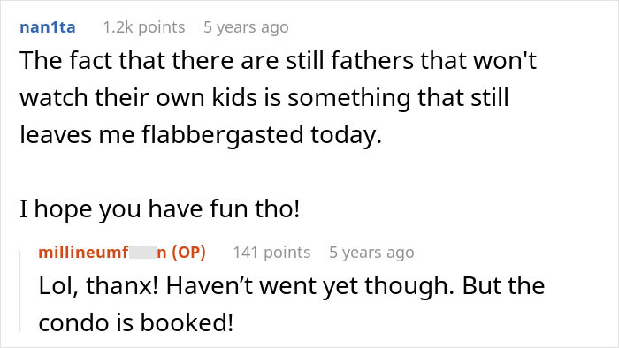 Screenshot of an online discussion about a friend not understanding why she can&rsquo;t bring her clingy children on vacation.