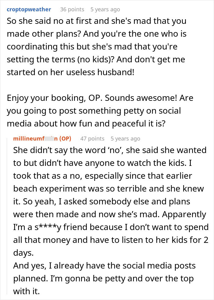 Screenshot of an online discussion about a friend not understanding why clingy children are not allowed on a vacation trip.