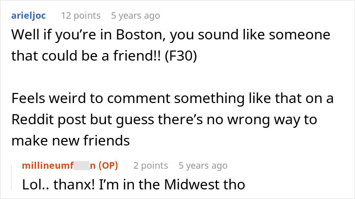 Screenshot of a Reddit conversation about friendship and misunderstandings involving clingy children on vacation.