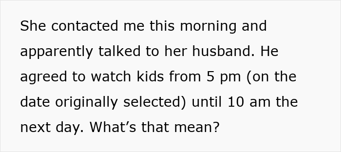 Text message discussing a friend arranging childcare to avoid bringing clingy children on vacation. Text message discussing a friend arranging childcare to avoid bringing clingy children on vacation.