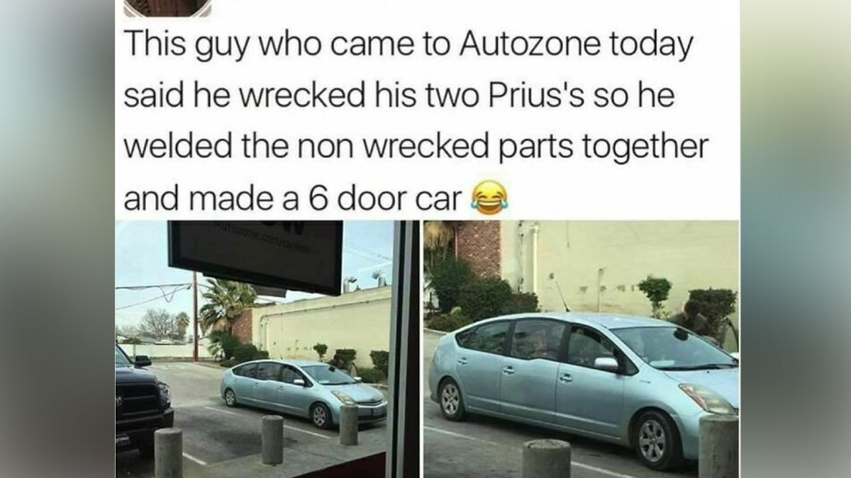 Humorous photo of a custom six-door Prius showcasing dumb car mods mocked by an online group.