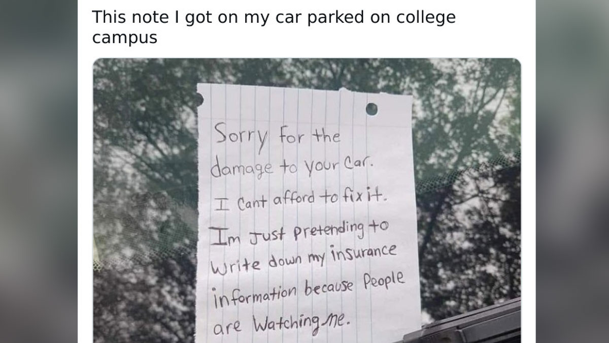 Note on car windshield at college campus showing student humor and relatable young adult financial struggles.