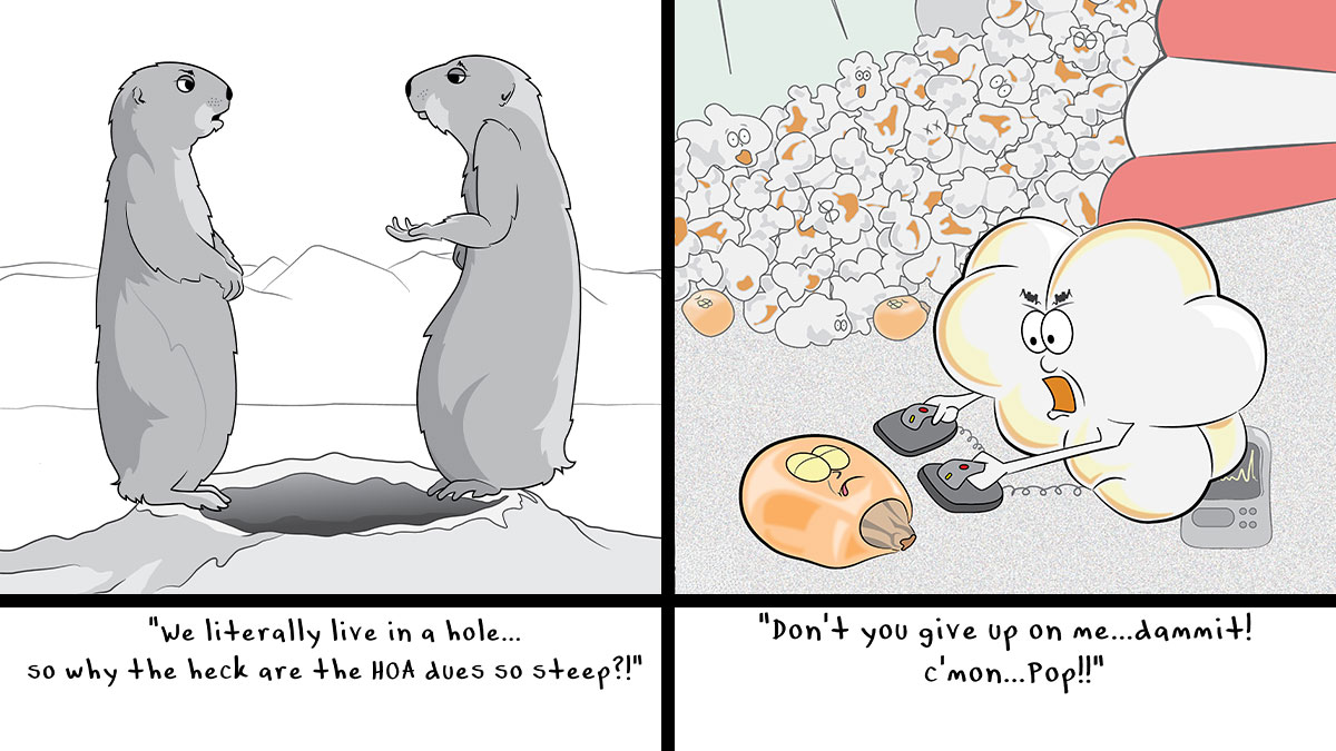 Absurd comics featuring talking animals and popcorn with surreal everyday logic in strange comic strips.