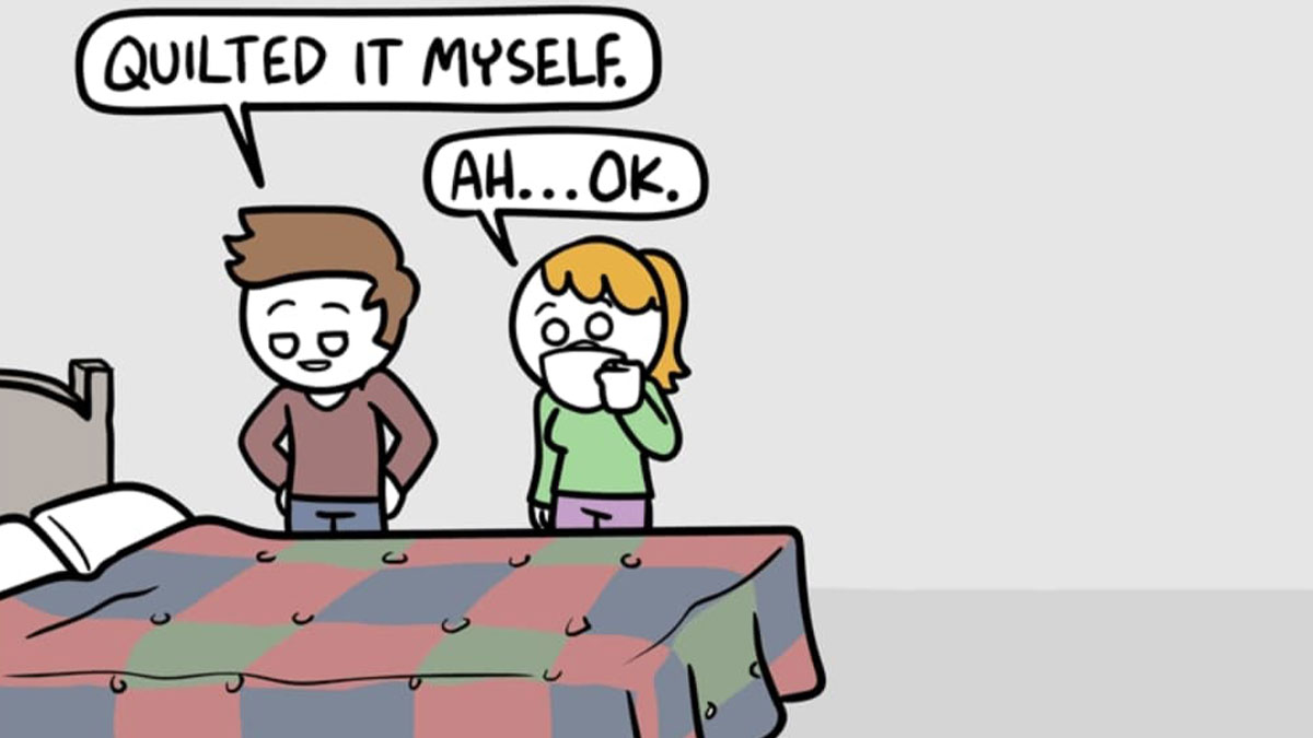 Funny and dark comic panel by Ryan Hudson showing two characters discussing a handmade quilt with an unexpected ending.