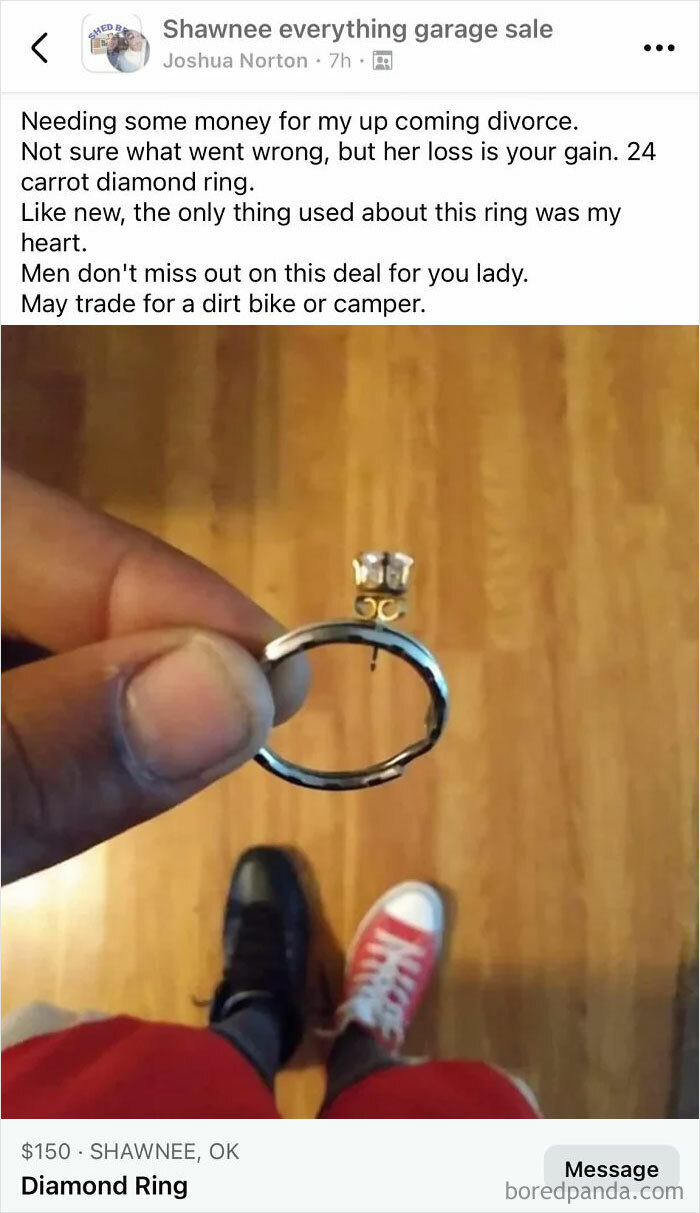 Hand holding a damaged diamond ring listed on FB Marketplace with an unhinged post for selling during a divorce.