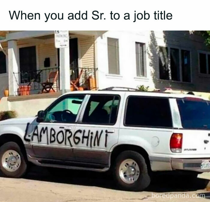 White SUV with Lamborghini spray-painted on the side, illustrating chaos and humor in working in human resources.