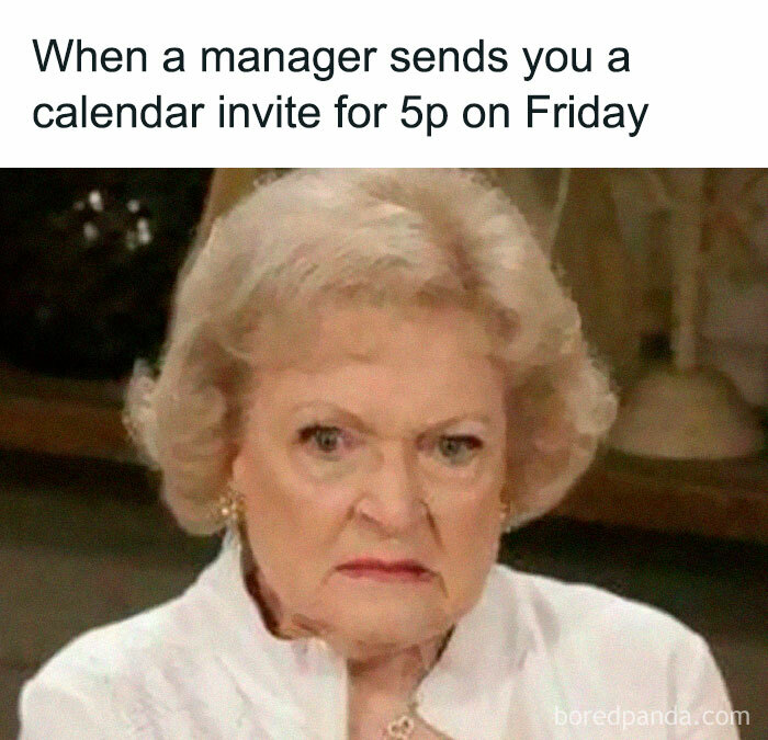 Older woman with skeptical expression reacting to a late Friday meeting invite, depicting chaos of working in human resources.