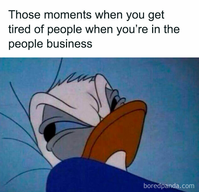 Tired cartoon duck under blanket with caption about exhaustion from working in the people business in human resources.