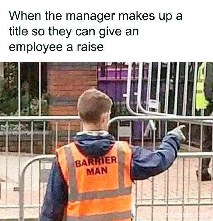 Person in a Barrier Man vest pointing, illustrating humor in chaos of working in human resources and employee raise titles.