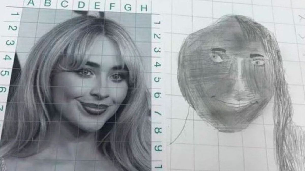 Side-by-side image of a detailed portrait and a humorous amateur drawing on grid paper to fight boredom and sadness.