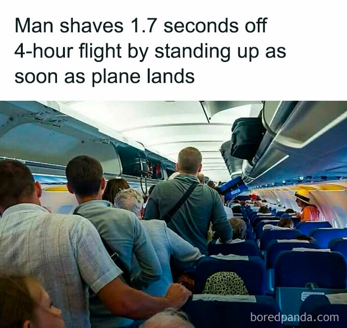 Passengers stand inside an airplane cabin in a humorous meme about saving seconds after a flight lands.