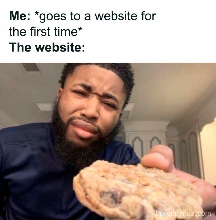 Man making a confused face holding a cookie meme related to websites and laughgorithm memes online.