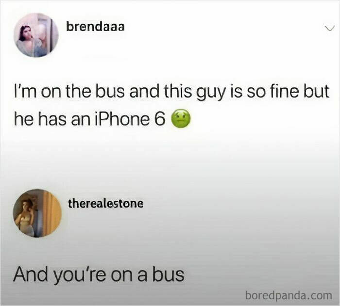Funny meme conversation about a guy with an iPhone 6 on a bus, featured in Laughgorithm's collection of memes.