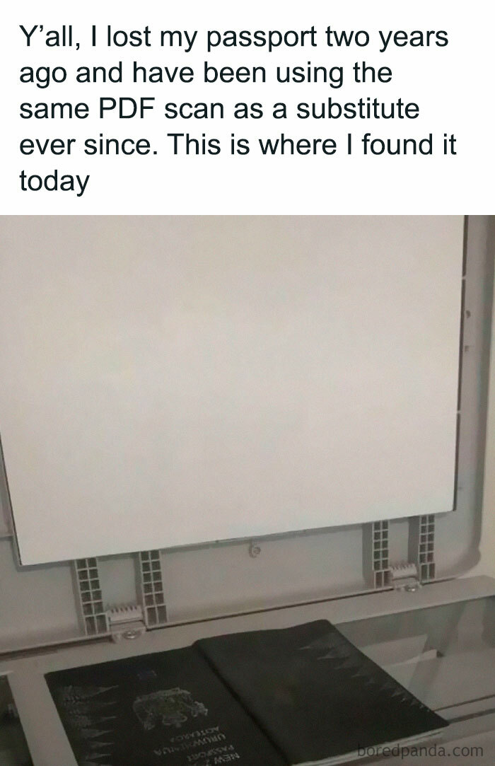 Meme showing lost passport found as a PDF scan on a scanner, part of Laughgorithm perfect 104 memes collection.