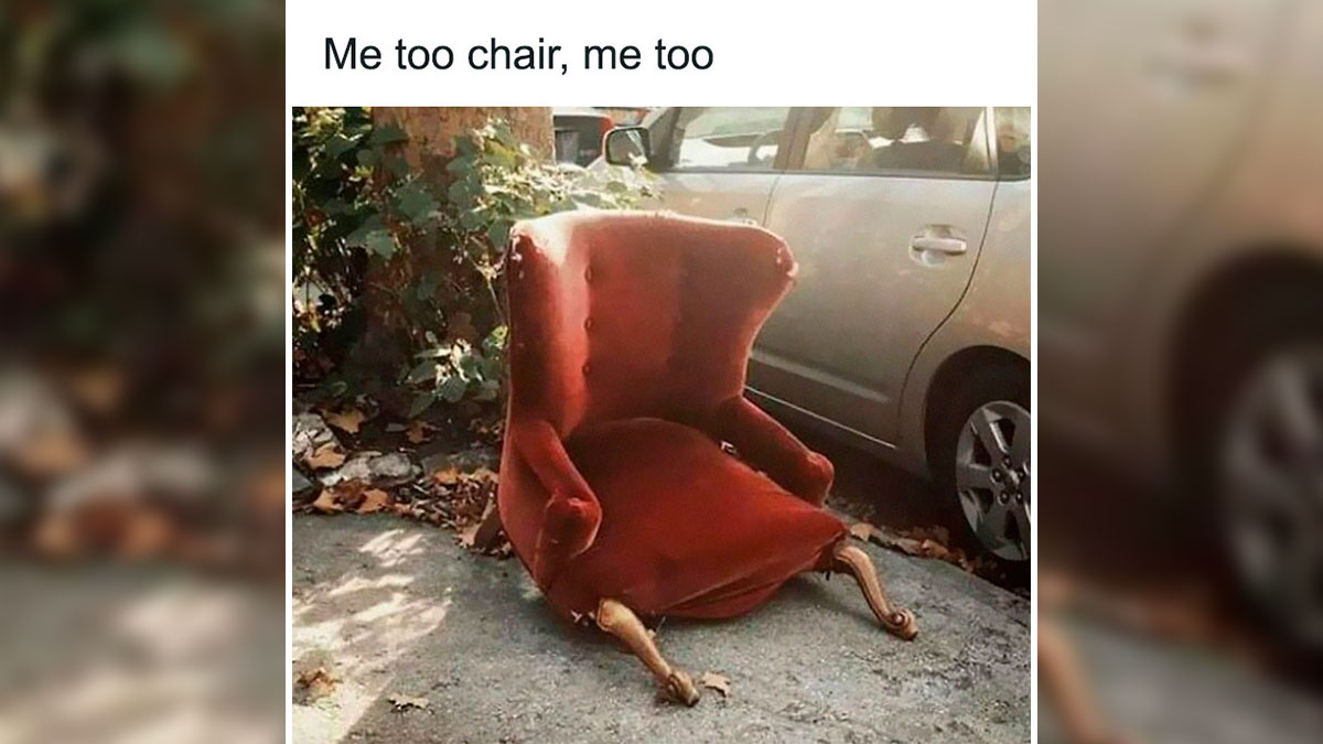 Funny meme showing a red armchair missing its front legs, sat outside near a car, humorous scroll content illustration.