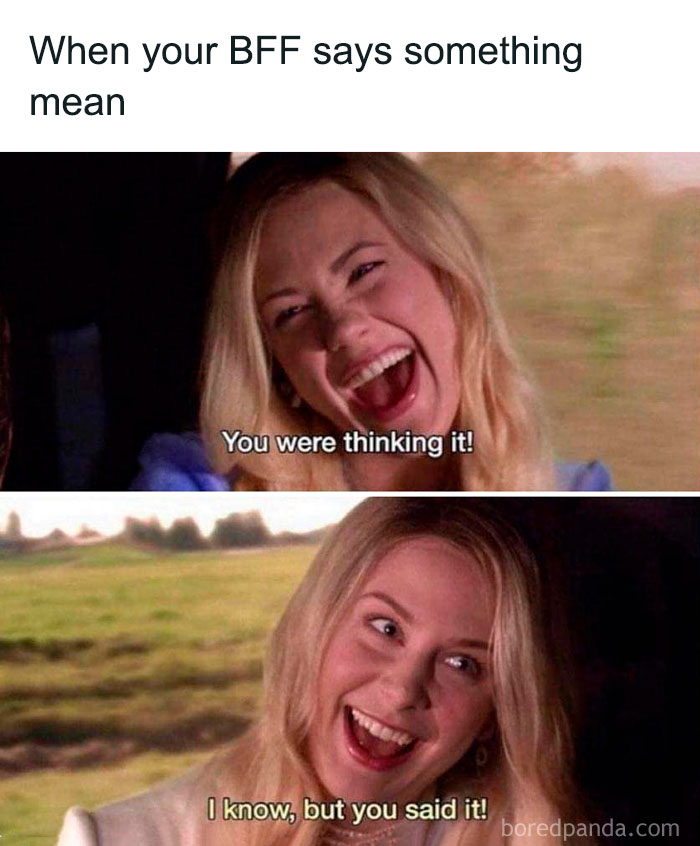 Two-panel meme showing a woman laughing with captions referencing friendship, related to random memes and unique experiences.