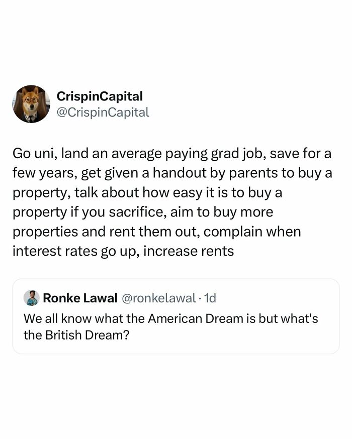 Tweet about relatable student struggles with jobs, property buying, and the challenges of rent, fitting student memes SEO keywords.