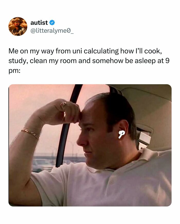 Man wearing AirPods looking stressed in car, relatable student meme about being tired and managing tasks after uni.