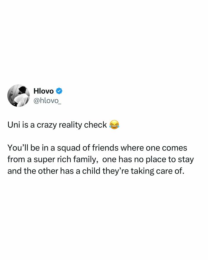 Tweet about relatable student struggles at university highlighting diverse friend backgrounds in a humorous, tired, and broke tone.