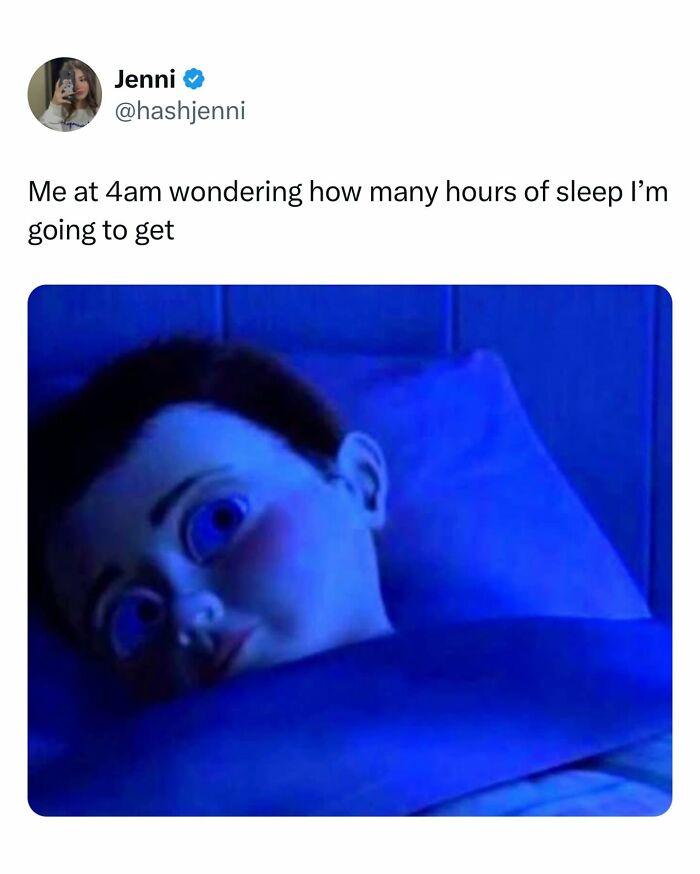 Relatable student meme showing wide-eyed person lying in bed at 4am, tired and stressed about sleep hours.