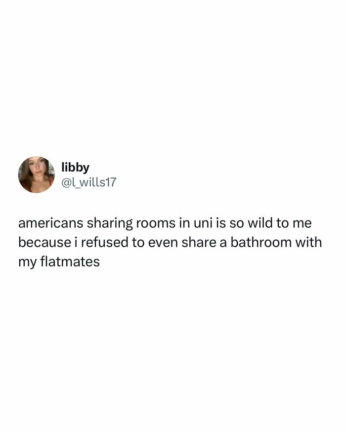 Tweet about students finding Americans sharing rooms in university wild, highlighting relatable student memes on tired and broke experiences.